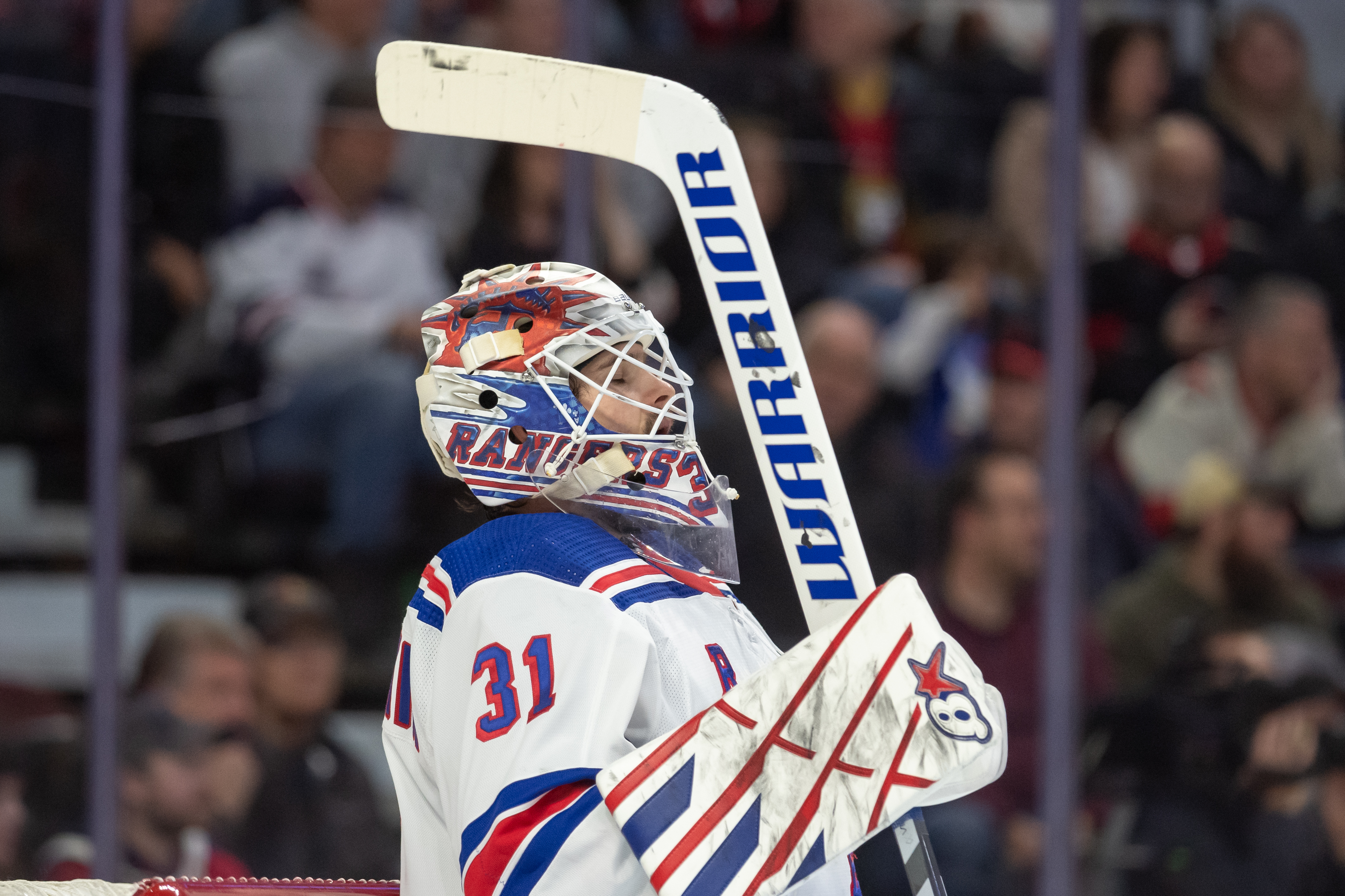 New York Rangers goalie Igor Shesterkin (31) gets focussed in the first period against the Ottawa Senators at the Canadian Tire Centre