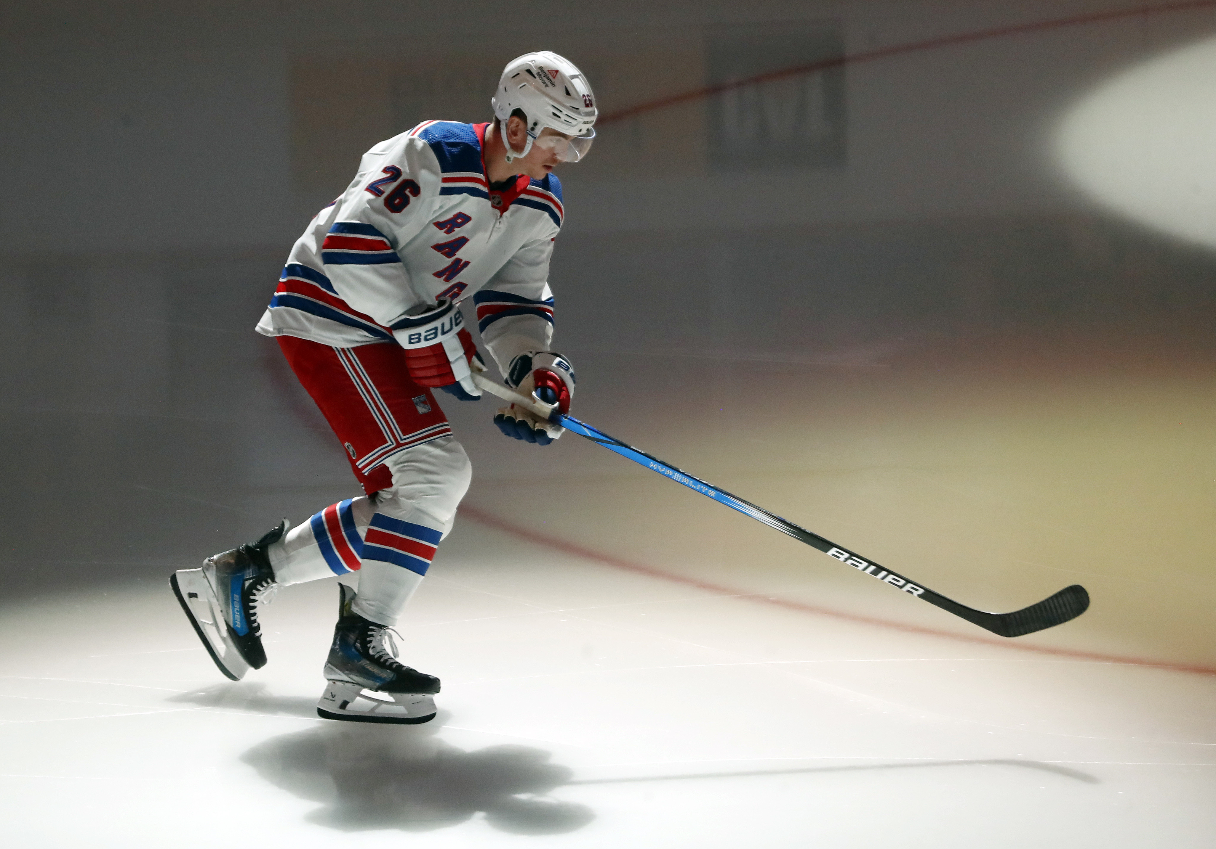 New York Rangers left wing Jimmy Vesey (26) takes the ice to warms up before the game against the Pittsburgh Penguins at PPG Paints Arena