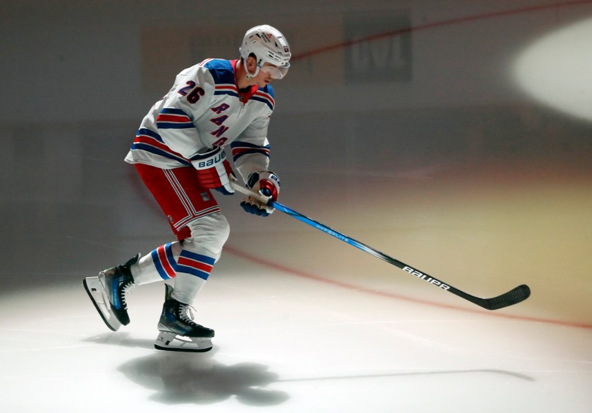 New York Rangers left wing Jimmy Vesey (26) takes the ice to warms up before the game against the Pittsburgh Penguins at PPG Paints Arena