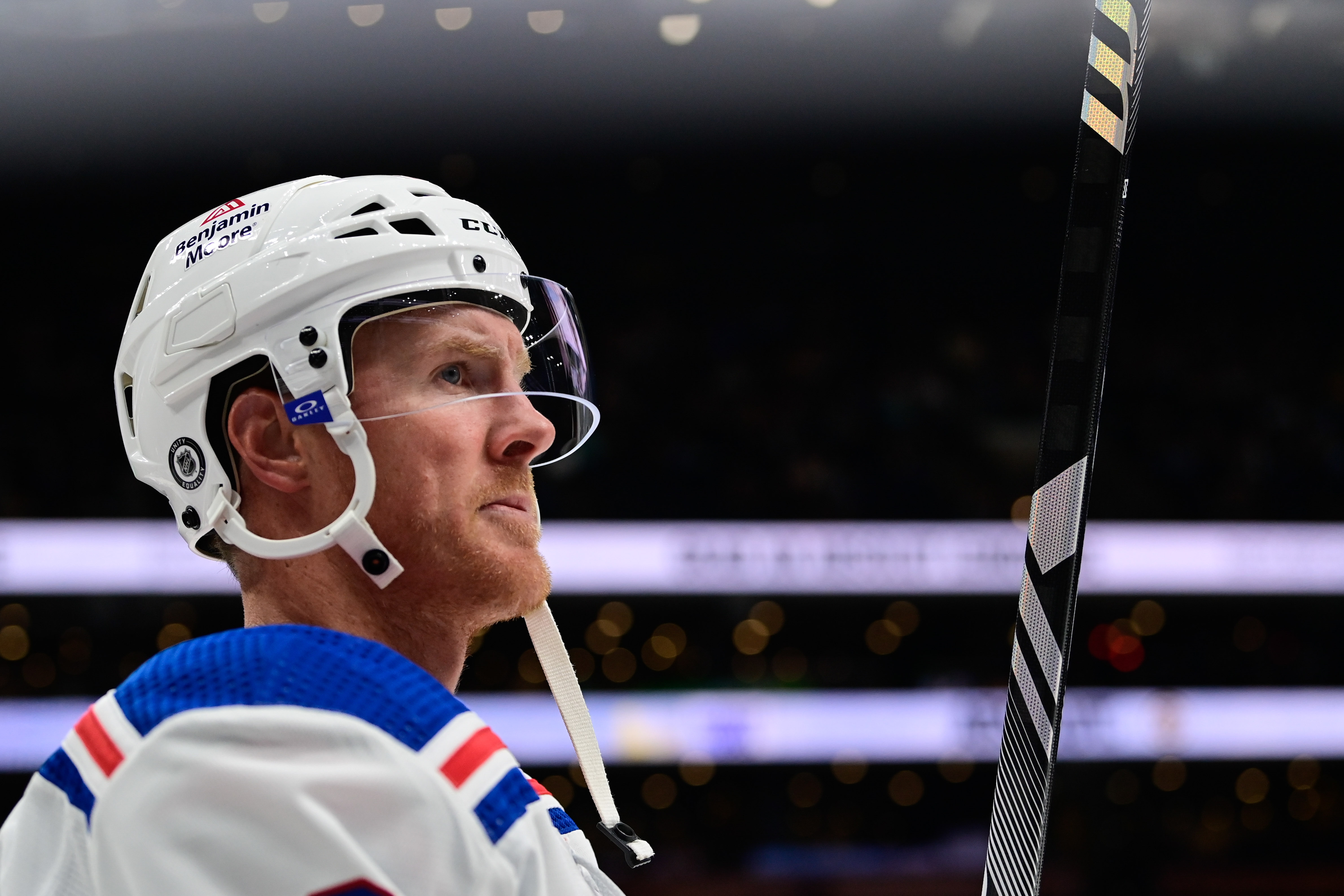 New York Rangers center Riley Nash (18) skates in warm-ups prior to the game against the Boston Bruins at TD Garden