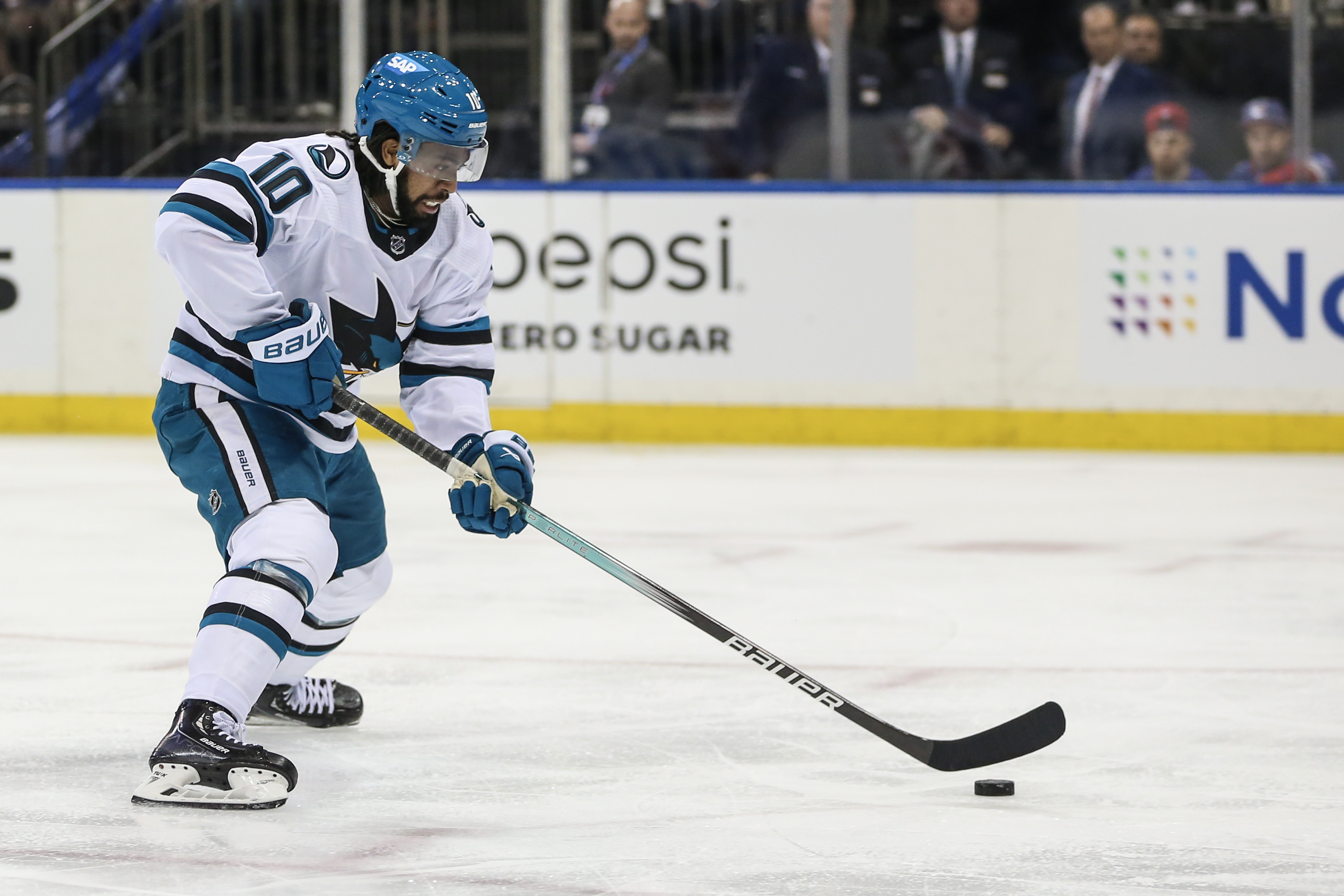 San Jose Sharks left wing Anthony Duclair (10) skates down ice for a shot on goal attempt in the first period against the New York Rangers at Madison Square Garden