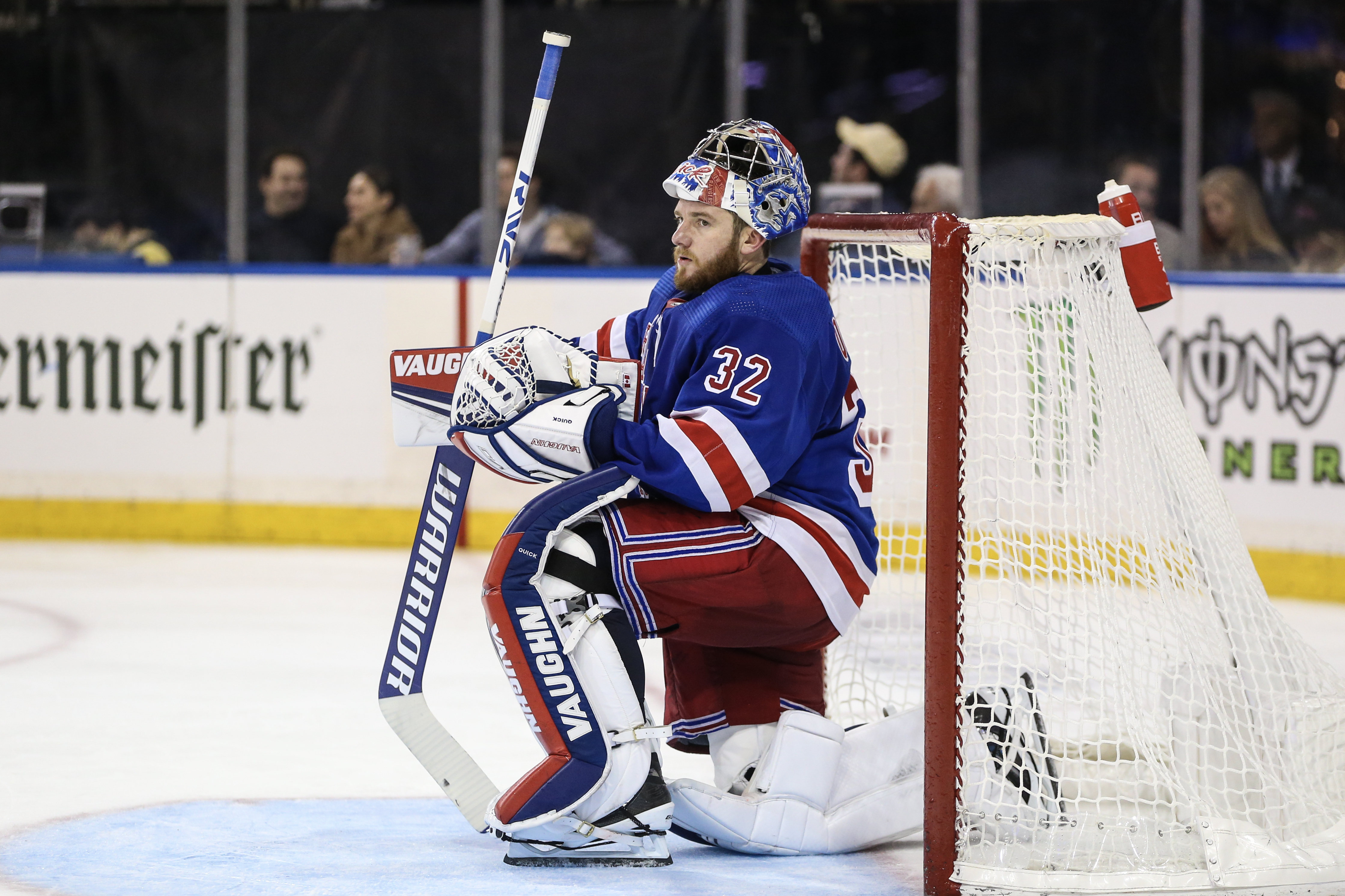 New York Rangers goaltender Jonathan Quick (32) gets ready for play to resume in the third period against the San Jose Sharks at Madison Square Garden