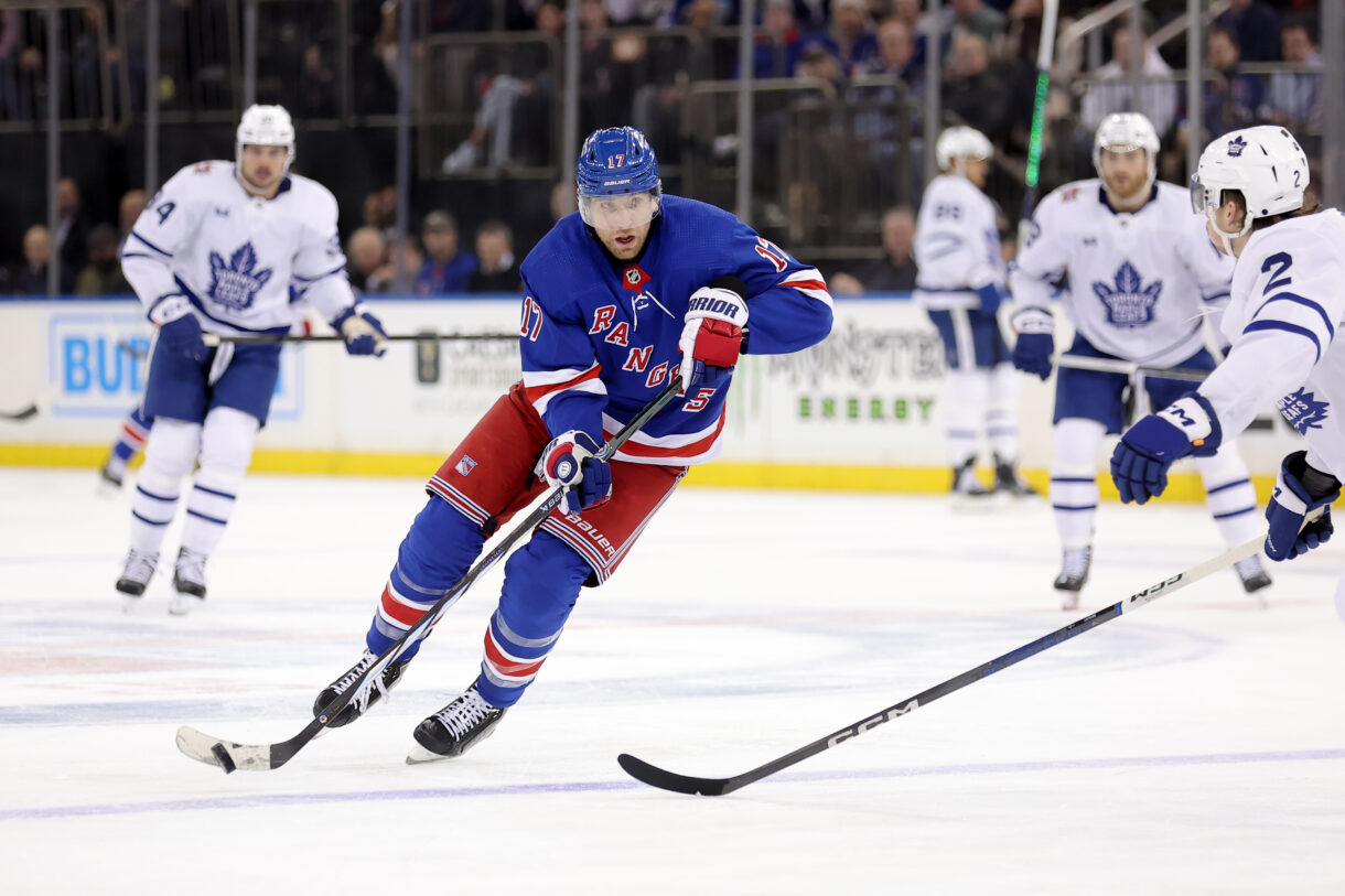 New York Rangers right wing Blake Wheeler (17) skates with the puck against the Toronto Maple Leafs during the second period at Madison Square Garden