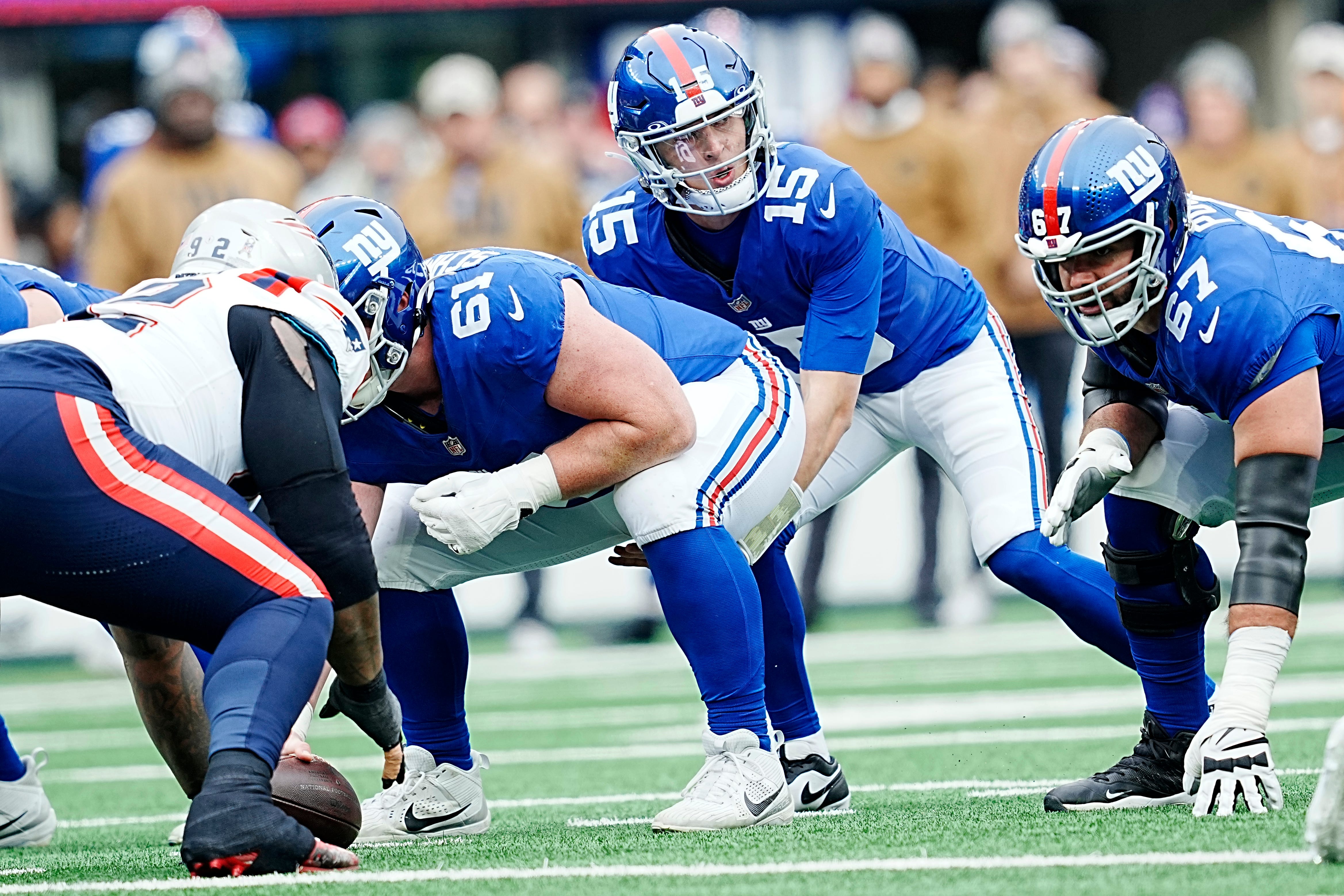 New York Giants quarterback Tommy DeVito (15) is shown during the first quarter at MetLife Stadium