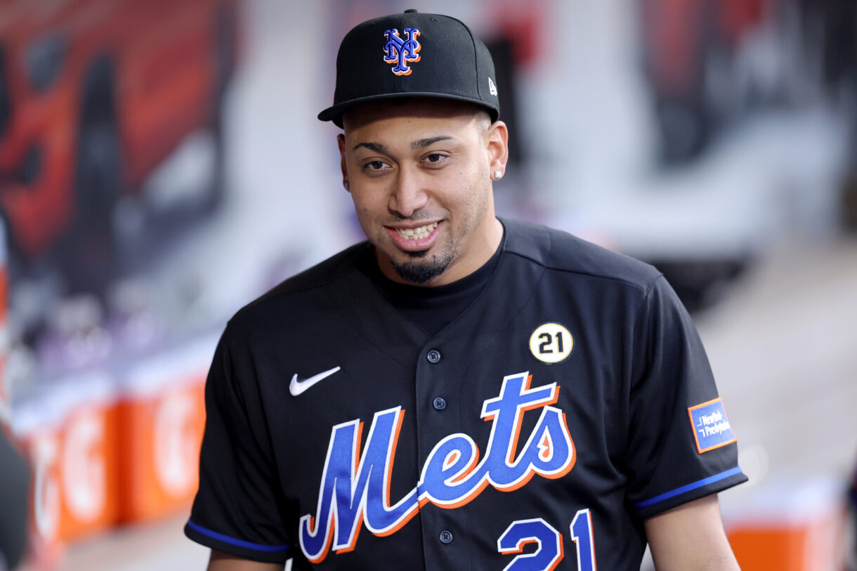 New York Mets injured pitcher Edwin Diaz in the dugout before a game against the Cincinnati Reds at Citi Field
