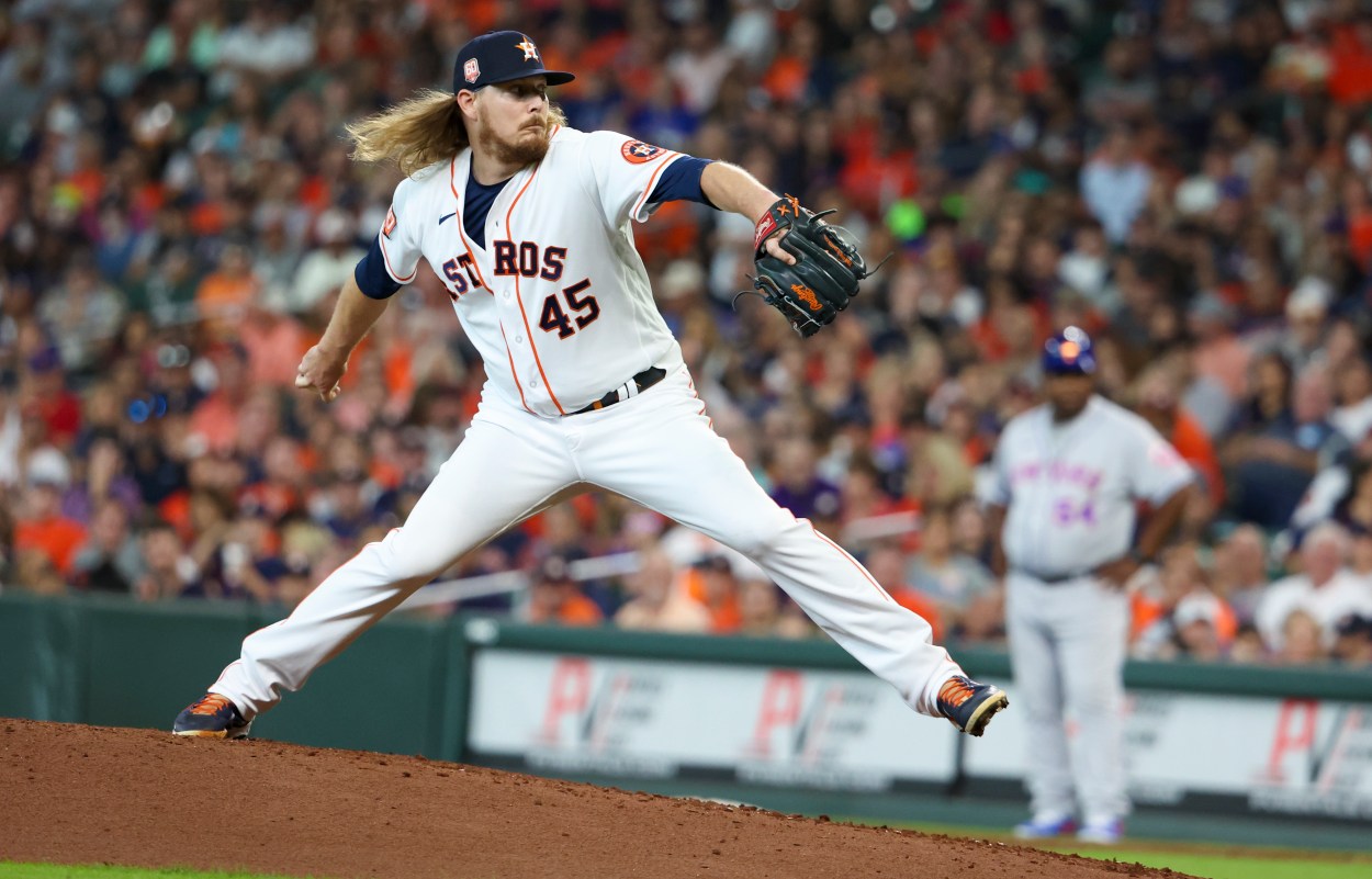 Houston Astros relief pitcher Ryne Stanek (45) pitches against the New York Mets in the sixth inning at Minute Maid Park