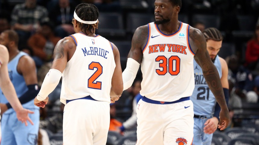 New York Knicks forward Julius Randle (30) reacts with New York Knicks guard Miles McBride (2) during the second half against the Memphis Grizzlies at FedExForum