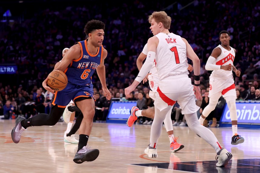 New York Knicks guard Quentin Grimes (6) drives to the basket against Toronto Raptors guard Gradey Dick (1) during the second quarter at Madison Square Garden