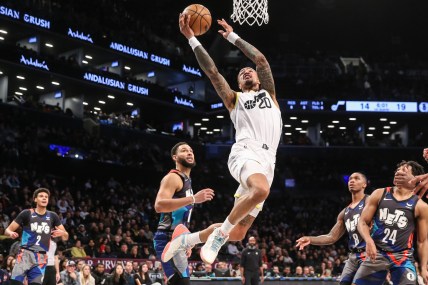 Utah Jazz forward John Collins (20) (New York Knicks trade target) drives to the basket in the first quarter against the Brooklyn Nets at Barclays Center