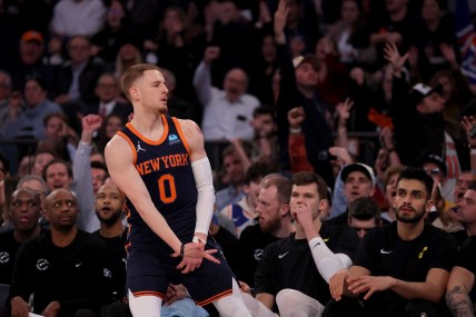 New York Knicks guard Donte DiVincenzo (0) celebrates his three point shot against the Utah Jazz during the first quarter at Madison Square Garden