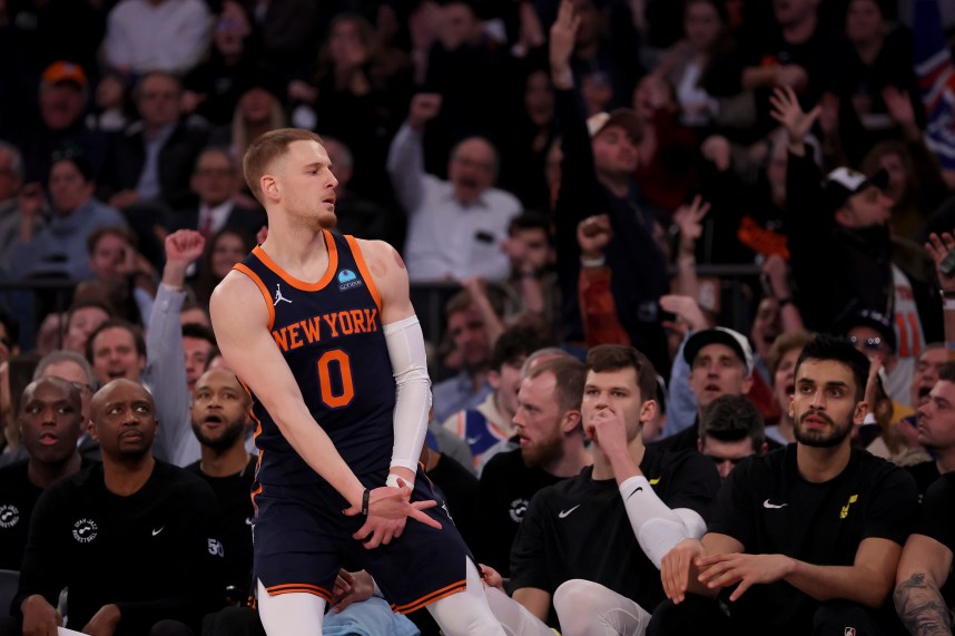 New York Knicks guard Donte DiVincenzo (0) celebrates his three point shot against the Utah Jazz during the first quarter at Madison Square Garden