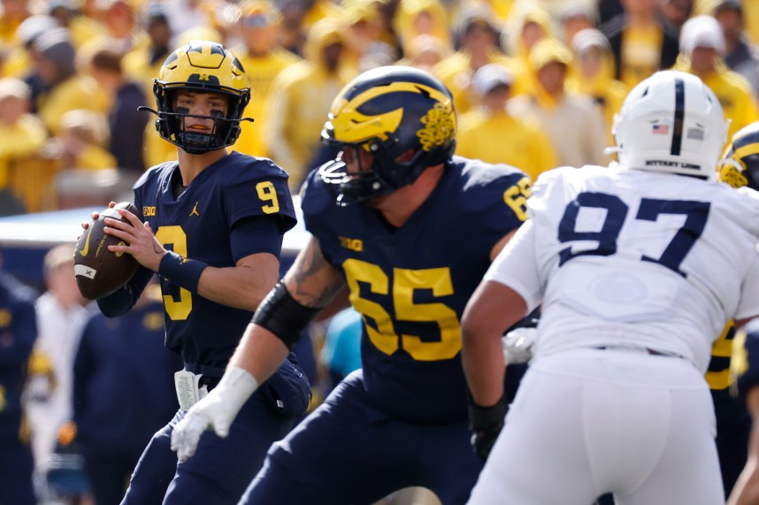 Michigan Wolverines quarterback J.J. McCarthy (9) (New York Giants draft prospect) passes in the second half against the Penn State Nittany Lions at Michigan Stadium