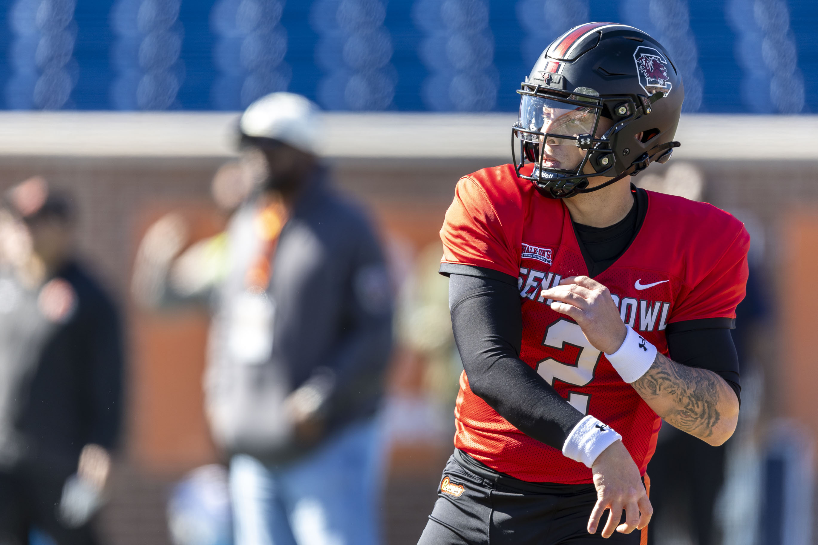 American quarterback Spencer Rattler of South Carolina (2) (New York Giants draft prospect) throws the ball during practice for the American team at Hancock Whitney Stadium