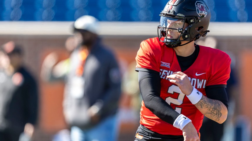 American quarterback Spencer Rattler of South Carolina (2) (New York Giants draft prospect) throws the ball during practice for the American team at Hancock Whitney Stadium