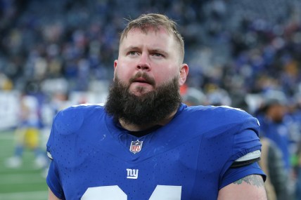 New York Giants guard Mark Glowinski (64) after a game against the Los Angeles Rams at MetLife Stadium