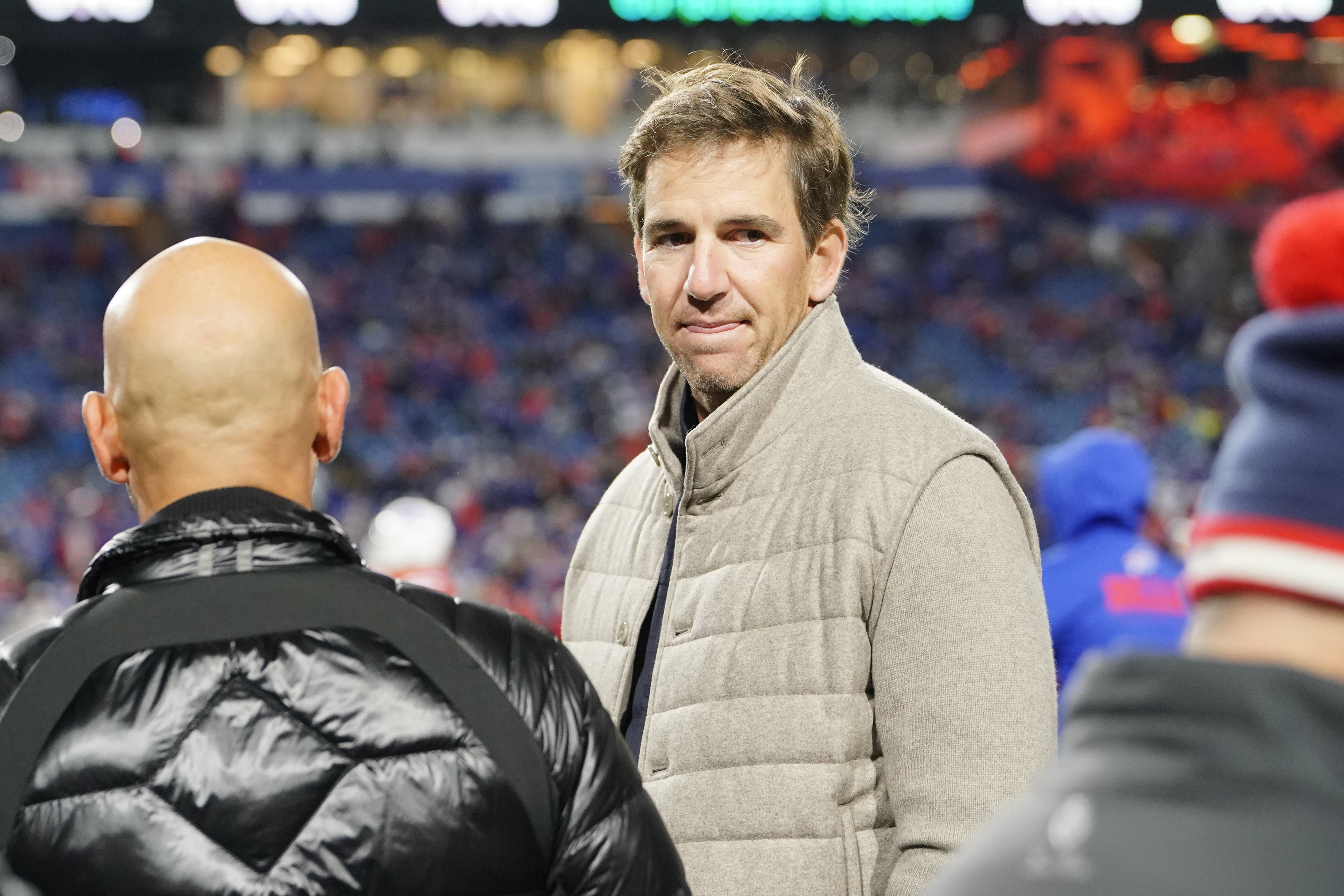 Former New York Giants quarterback Eli Manning prior to the game against the Buffalo Bills during the first half at Highmark Stadium