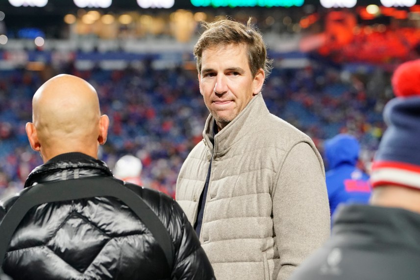 Former New York Giants quarterback Eli Manning prior to the game against the Buffalo Bills during the first half at Highmark Stadium