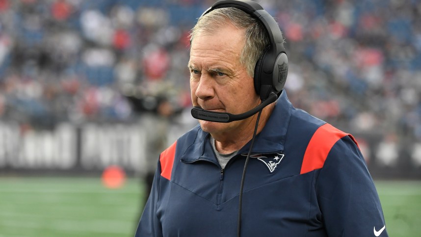 New England Patriots head coach Bill Belichick walks the sideline at a preseason game against the New York Giants during the first half at Gillette Stadium