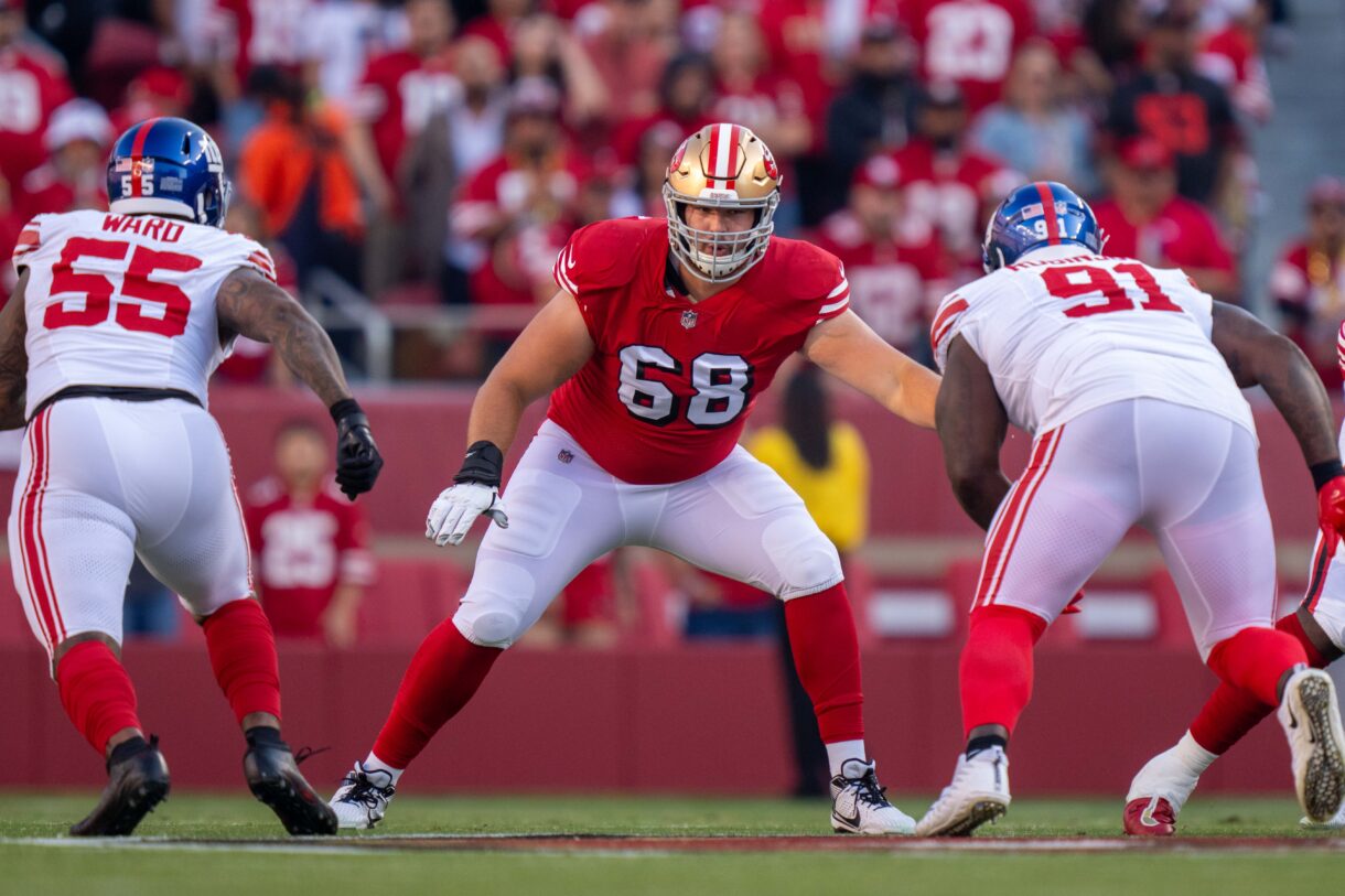 San Francisco 49ers offensive tackle Colton McKivitz (68) blocks New York Giants defensive tackle A