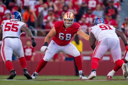 San Francisco 49ers offensive tackle Colton McKivitz (68) blocks New York Giants defensive tackle A'Shawn Robinson (91) during the first quarter at Levi's Stadium