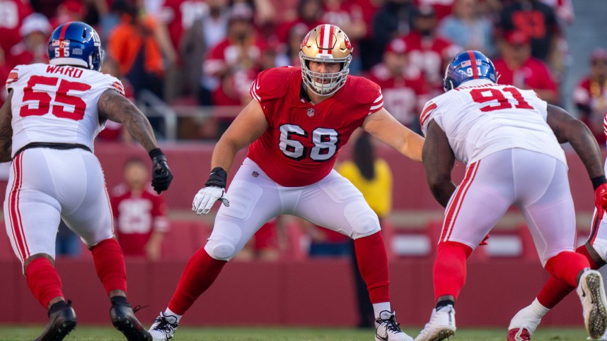 San Francisco 49ers offensive tackle Colton McKivitz (68) blocks New York Giants defensive tackle A'Shawn Robinson (91) during the first quarter at Levi's Stadium