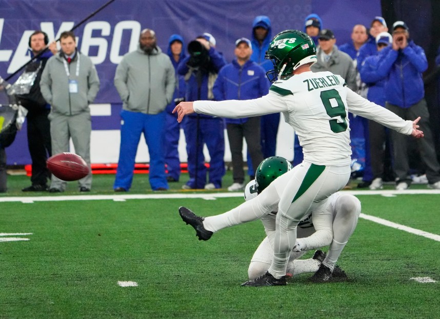 New York Jets kicker Greg Zuerlein (9) kicks a game winning field goal in overtime against the New York Giants at MetLife Stadium