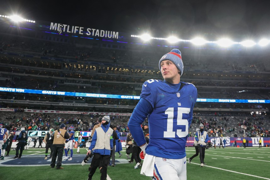New York Giants quarterback Tommy DeVito (15) walks off the field after the game against the Philadelphia Eagles at MetLife Stadium
