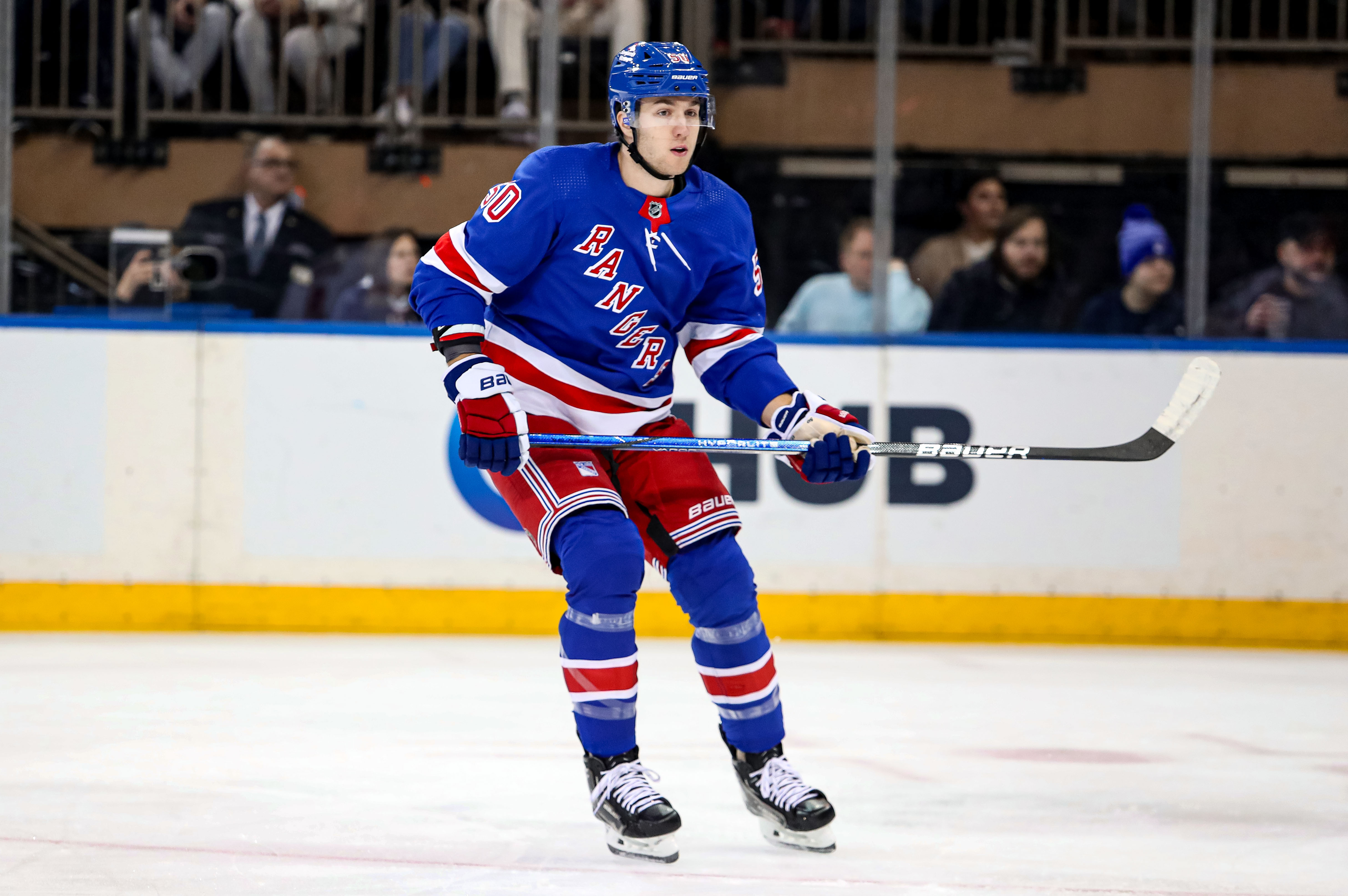 New York Rangers left wing Will Cuylle (50) skates against the Carolina Hurricanes during the first period at Madison Square Garden