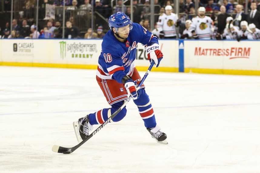New York Rangers left wing Artemi Panarin (10) attempts a shot on goal in the second period against the Chicago Blackhawks at Madison Square Garden