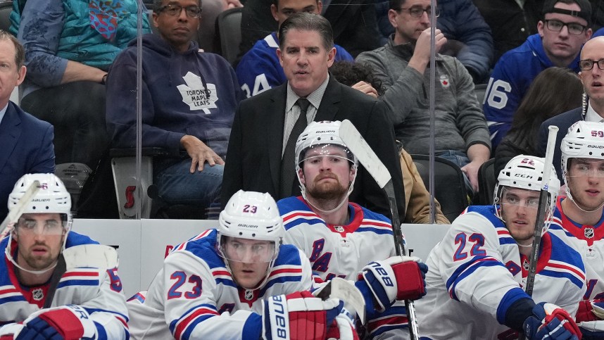 New York Rangers head coach Peter Laviolette watches the play against the Toronto Maple Leafs during the third period at Scotiabank Arena