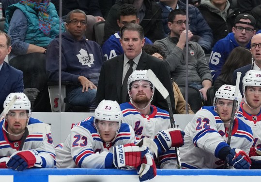 New York Rangers head coach Peter Laviolette watches the play against the Toronto Maple Leafs during the third period at Scotiabank Arena