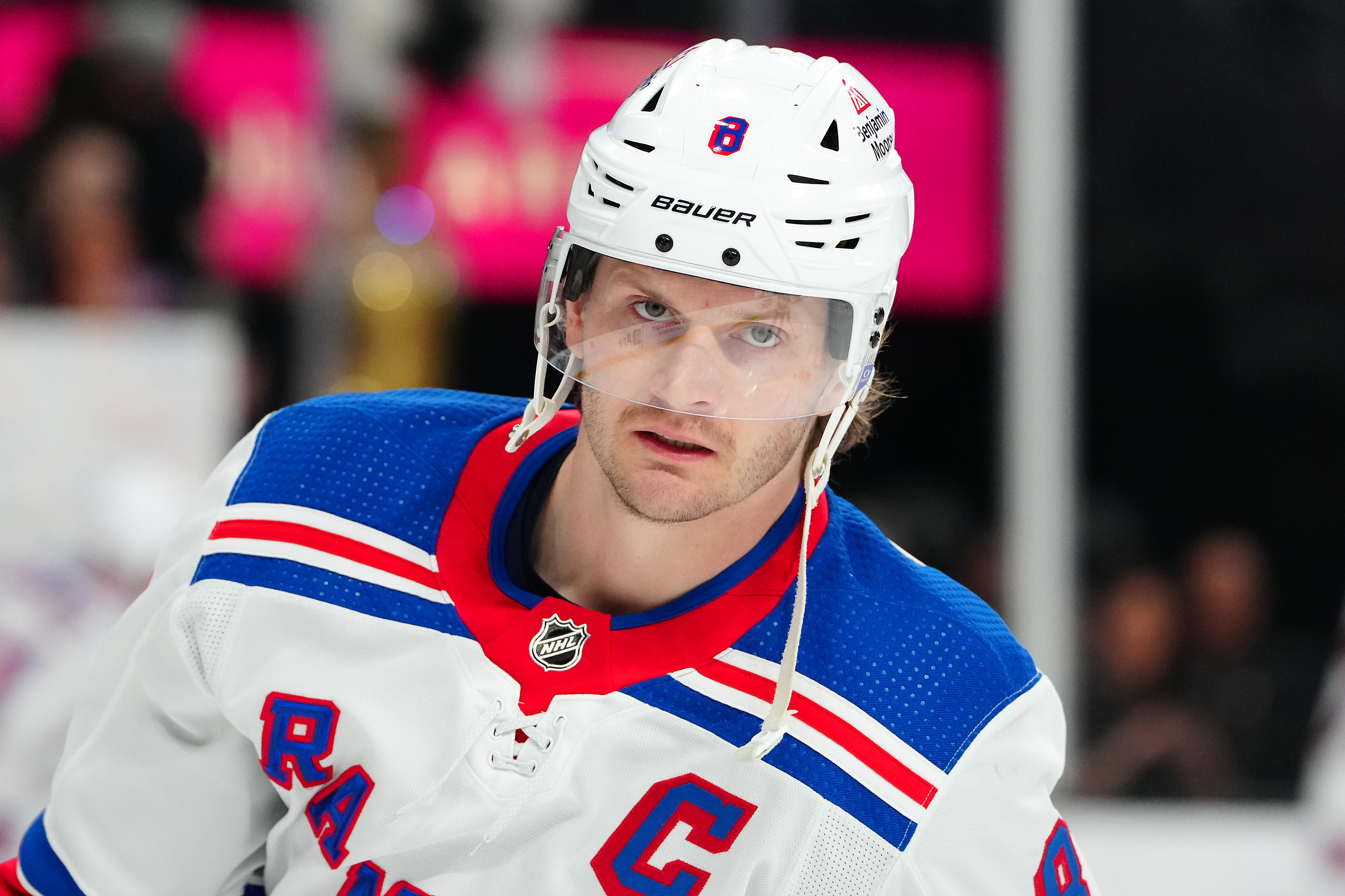 New York Rangers defenseman Jacob Trouba (8) warms up before a game against the Vegas Golden Knights at T-Mobile Arena