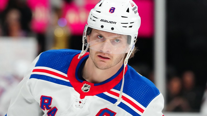 New York Rangers defenseman Jacob Trouba (8) warms up before a game against the Vegas Golden Knights at T-Mobile Arena