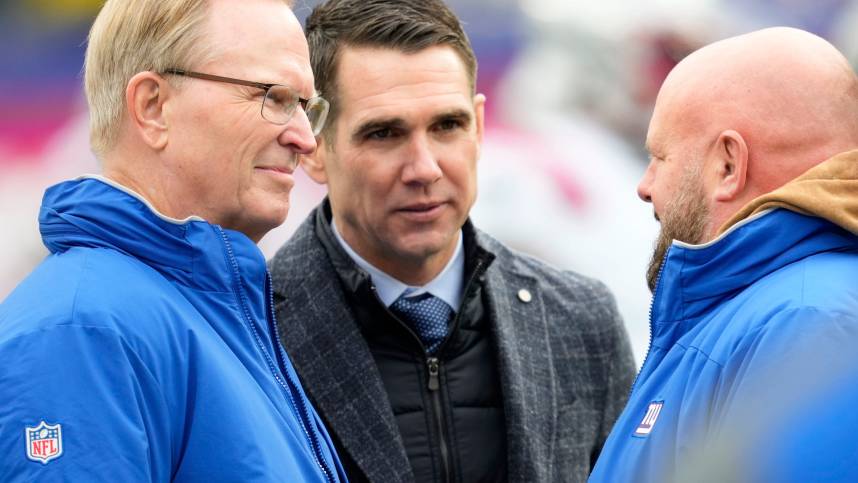President of the New York Giants, John Mara (left) and New York Giants General Manager, Joe Schoen, speak with New York Giants Head Coach, Brian Daboll, at MetLife Stadium before their team hosts the New England Patriots, Sunday, November 26, 2023