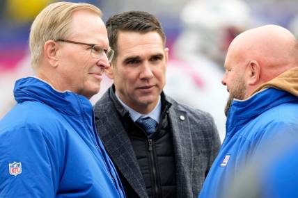 President of the New York Giants, John Mara (left) and New York Giants General Manager, Joe Schoen, speak with New York Giants Head Coach, Brian Daboll, at MetLife Stadium before their team hosts the New England Patriots, Sunday, November 26, 2023