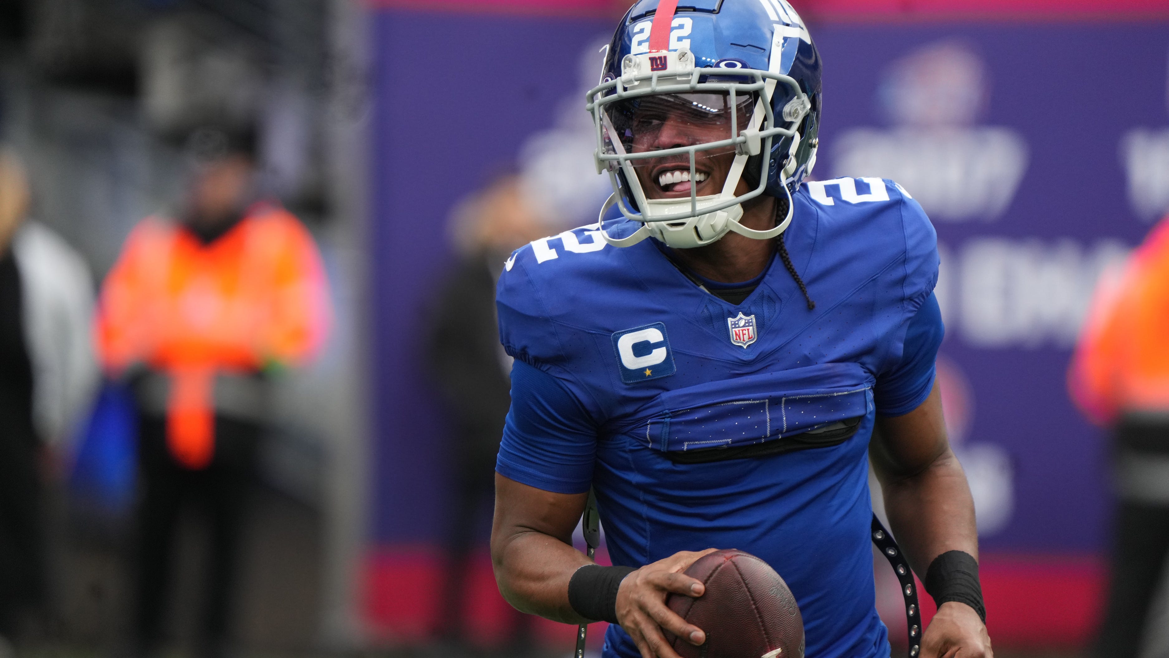 Adoree' Jackson of the Giants on the field during pre game warm ups