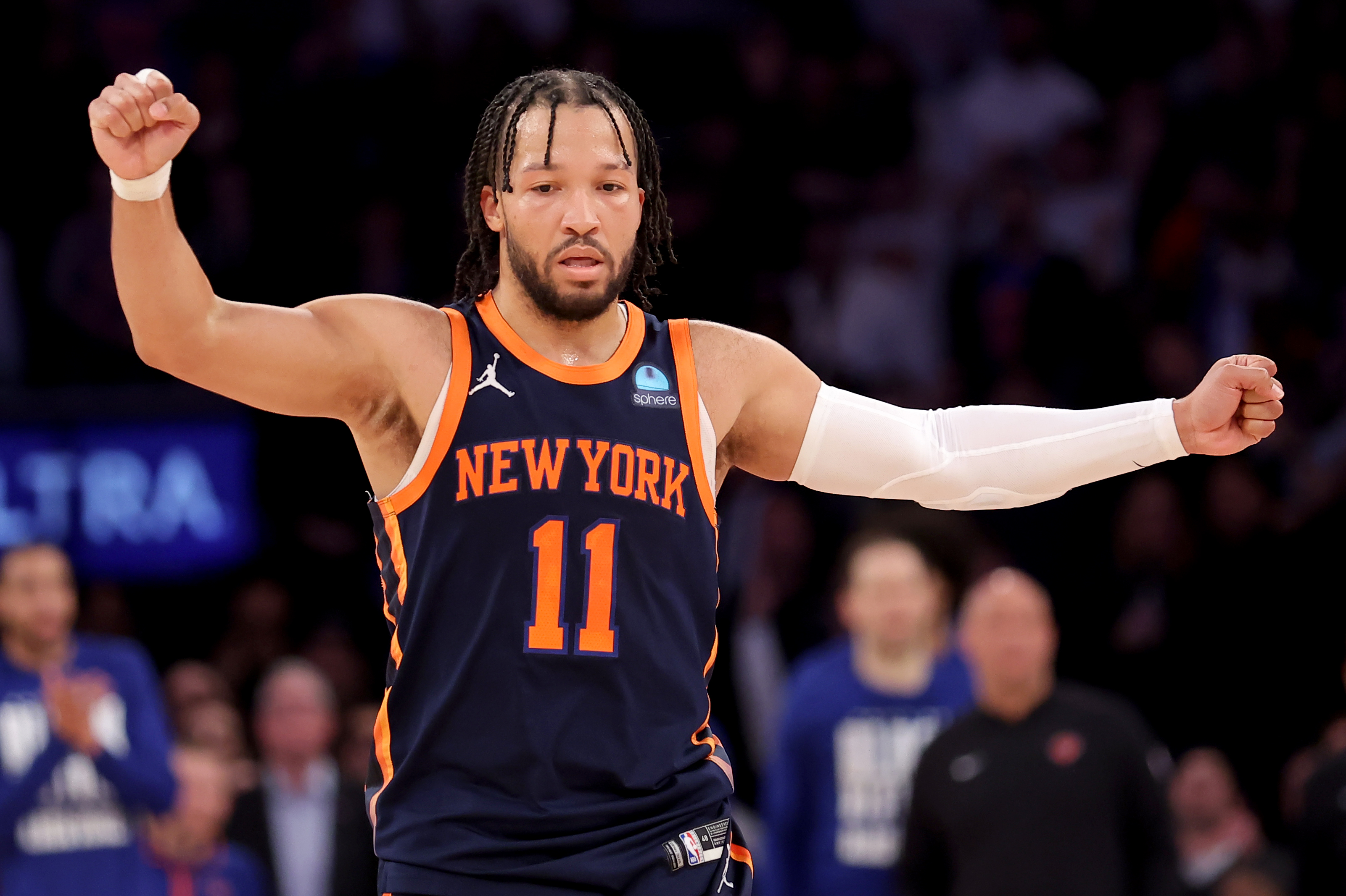 New York Knicks guard Jalen Brunson (11) reacts during the fourth quarter against the Detroit Pistons at Madison Square Garden