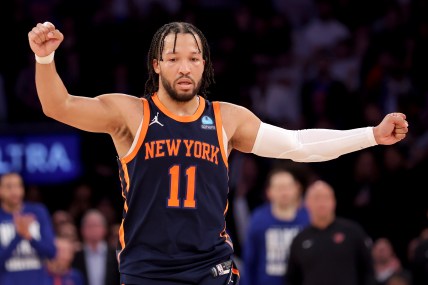 New York Knicks guard Jalen Brunson (11) reacts during the fourth quarter against the Detroit Pistons at Madison Square Garden
