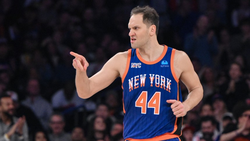 New York Knicks forward Bojan Bogdanovic (44) reacts during the first quarter against the Indiana Pacers at Madison Square Garden