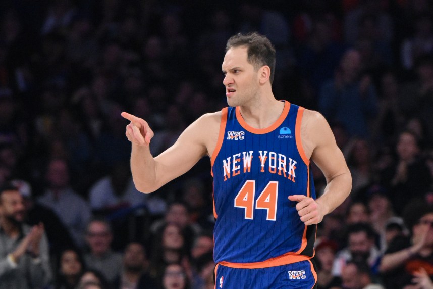 New York Knicks forward Bojan Bogdanovic (44) reacts during the first quarter against the Indiana Pacers at Madison Square Garden