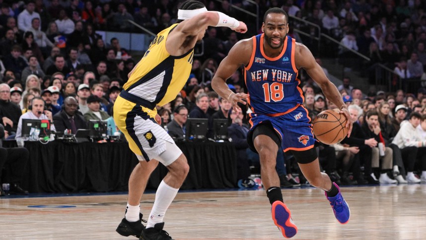 New York Knicks guard Alec Burks (18) drives to the basket as Indiana Pacers guard Andrew Nembhard (2) defends during the fourth quarter at Madison Square Garden