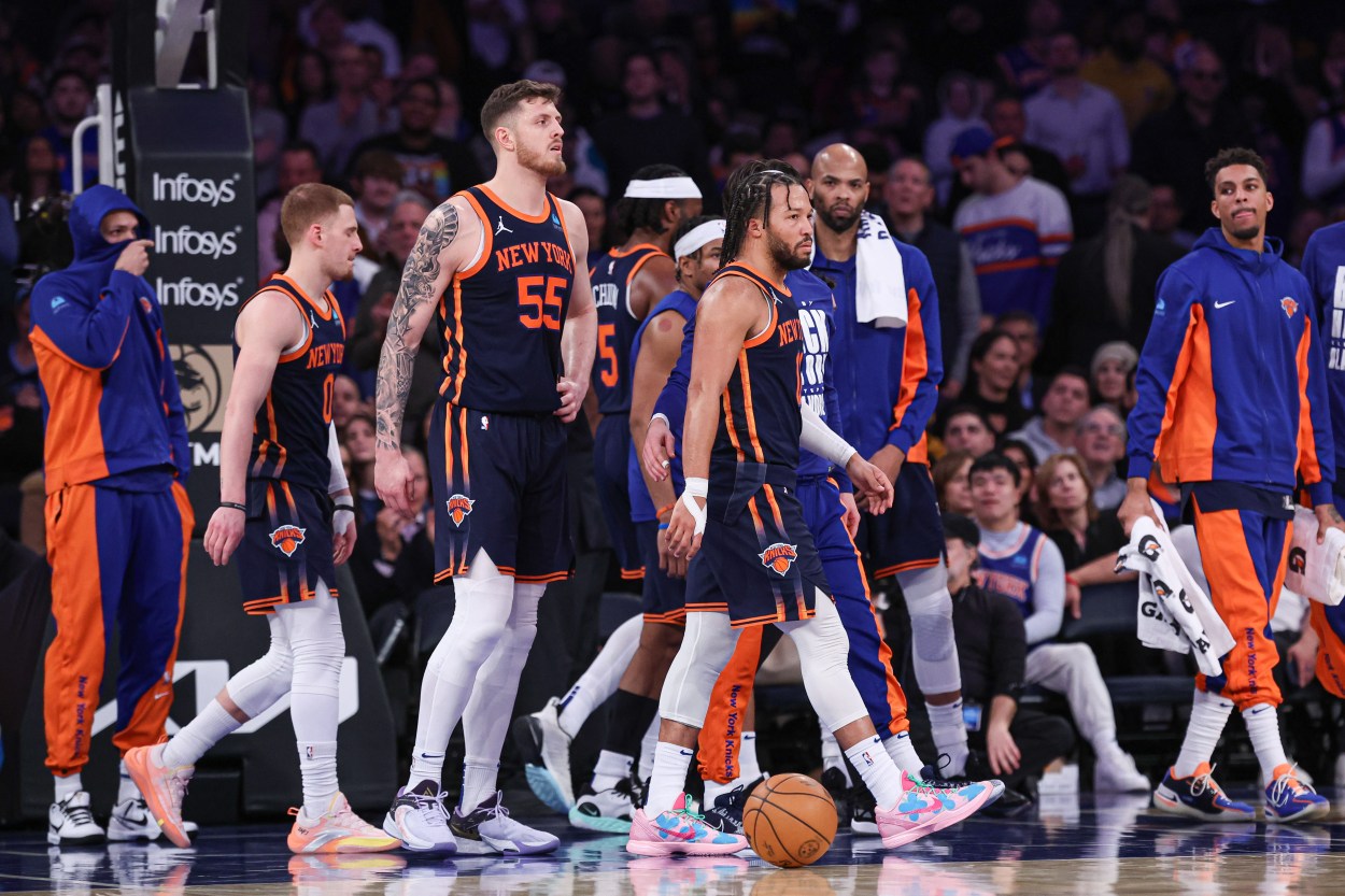 New York Knicks guard Jalen Brunson (11) walks off the court after an injury during the second half against the Memphis Grizzlies at Madison Square Garden