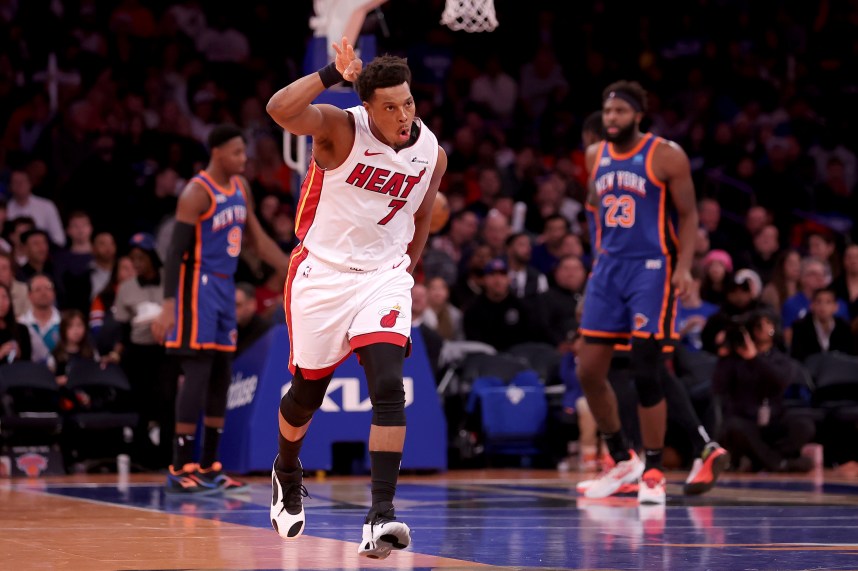 Miami Heat guard Kyle Lowry (7) celebrates his three point shot against the New York Knicks during the third quarter at Madison Square Garden