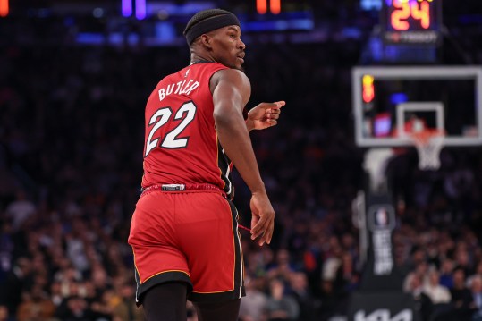 Jan 27, 2024; New York, New York, USA; Miami Heat forward Jimmy Butler (22) reacts after a basket against the New York Knicks during the first half at Madison Square Garden. Mandatory Credit: Vincent Carchietta-USA TODAY Sports