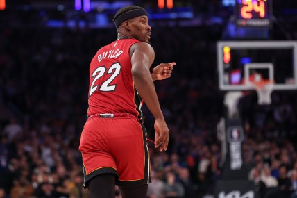 Jan 27, 2024; New York, New York, USA; Miami Heat forward Jimmy Butler (22) reacts after a basket against the New York Knicks during the first half at Madison Square Garden. Mandatory Credit: Vincent Carchietta-USA TODAY Sports