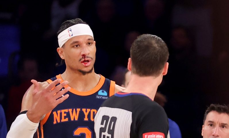 New York Knicks guard Josh Hart (3) argues with referee Mark Lindsay (29) after no foul was called on New Orleans Pelicans forward Zion Williamson (not pictured) on a play that resulted in Hart's bloody nose during the first quarter at Madison Square Garden