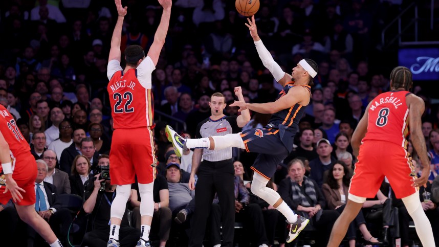 New York Knicks guard Josh Hart (3) is fouled as he shoots by New Orleans Pelicans forward Larry Nance Jr. (22) during the fourth quarter at Madison Square Garden