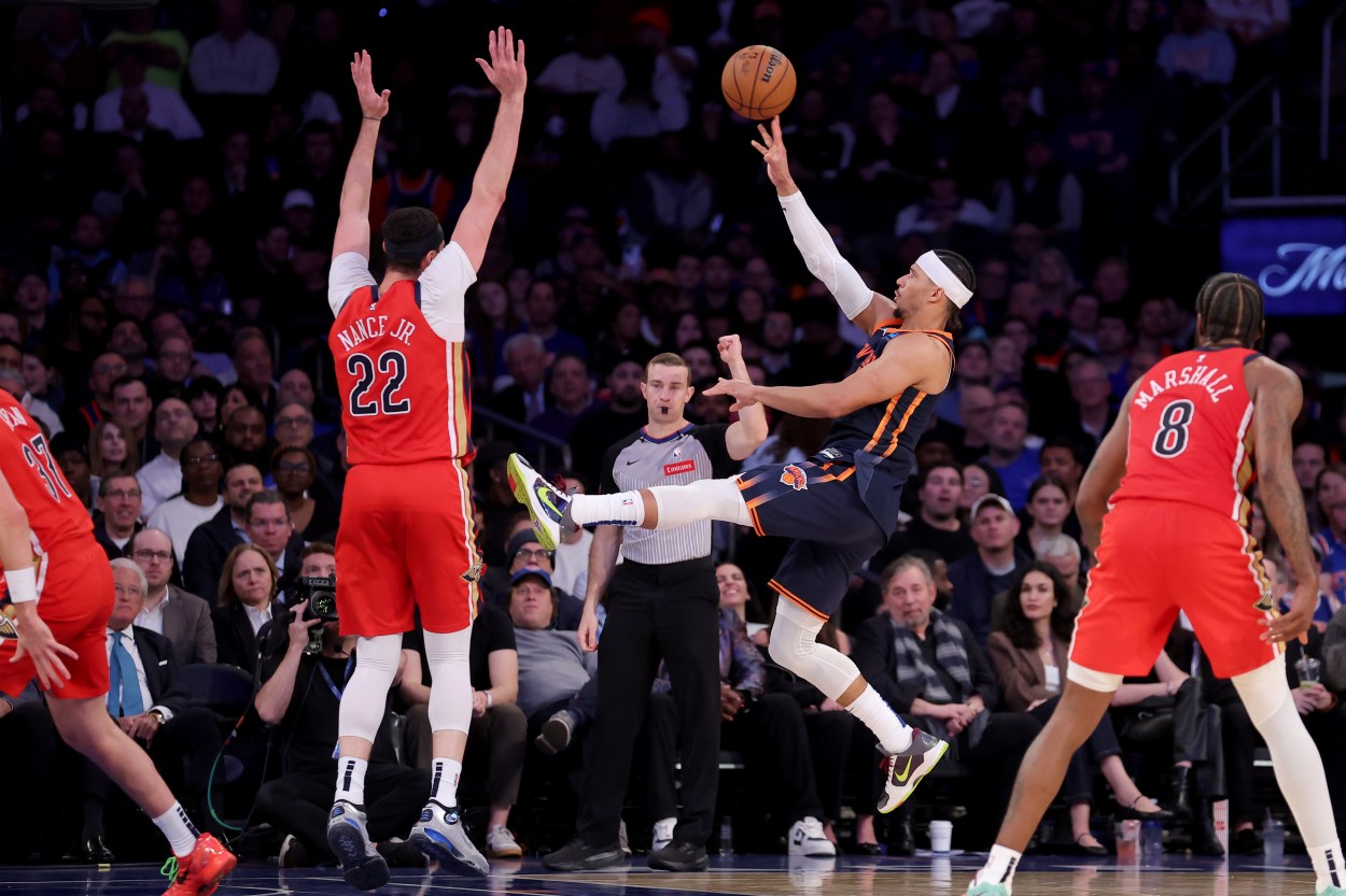 New York Knicks guard Josh Hart (3) is fouled as he shoots by New Orleans Pelicans forward Larry Nance Jr. (22) during the fourth quarter at Madison Square Garden