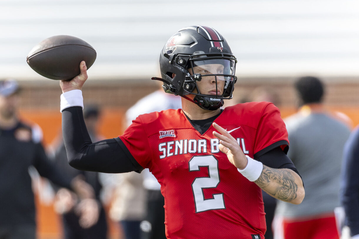 American quarterback Spencer Rattler of South Carolina (2) throws the ball during practice for the American team at Hancock Whitney Stadium (New York Giants draft prospect)