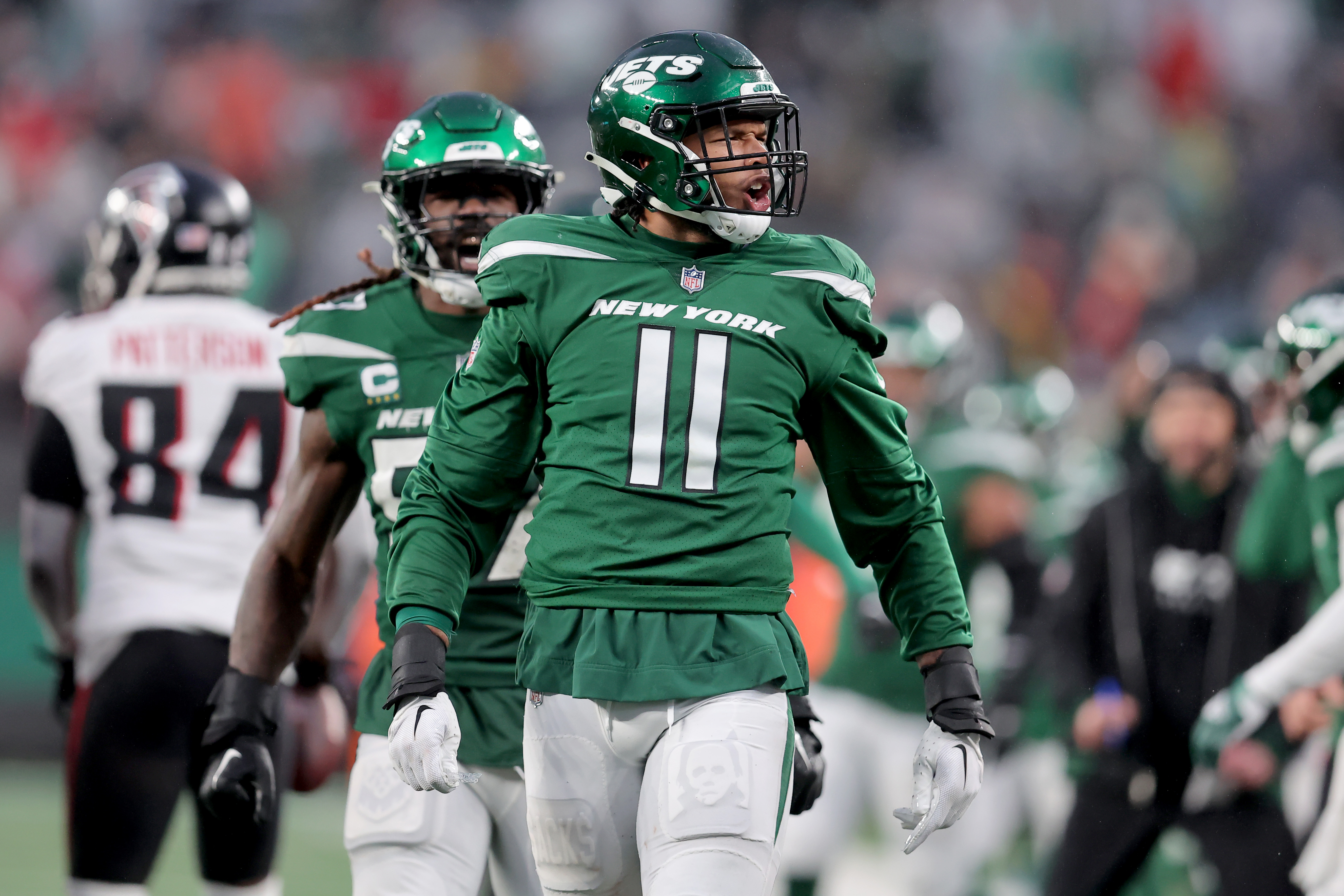 New York Jets linebacker Jermaine Johnson (11) reacts during the fourth quarter against the Atlanta Falcons at MetLife Stadium